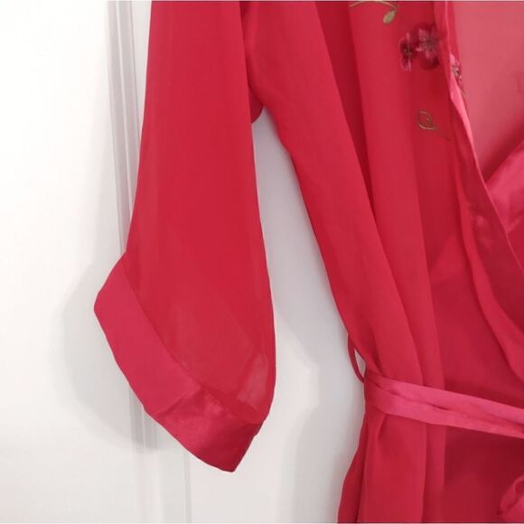 Val Mode Lingerie Red Robe Sheer Chiffon LS Knee Length Open Front Satin Belt Vi - Picture 5 of 10